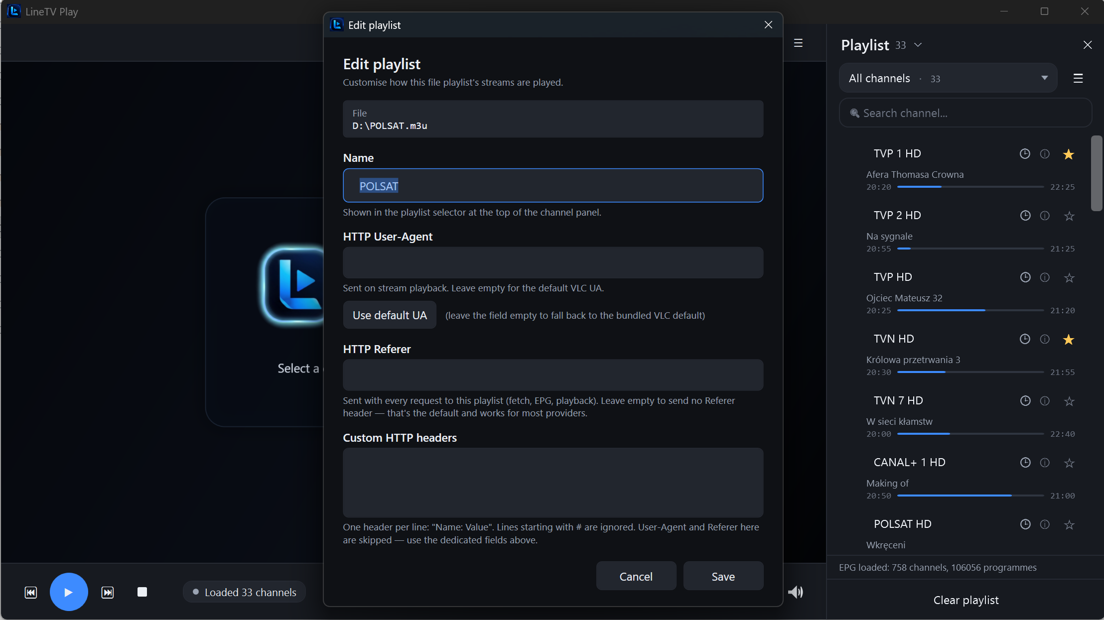 Edit playlist — User-Agent and HTTP headers