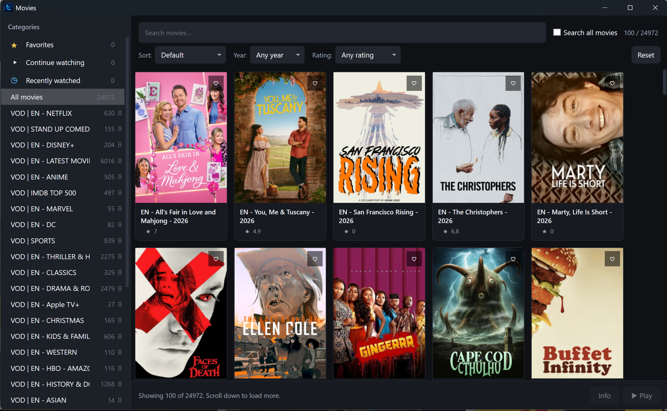LineTV Play — Xtream Movies grid with categories