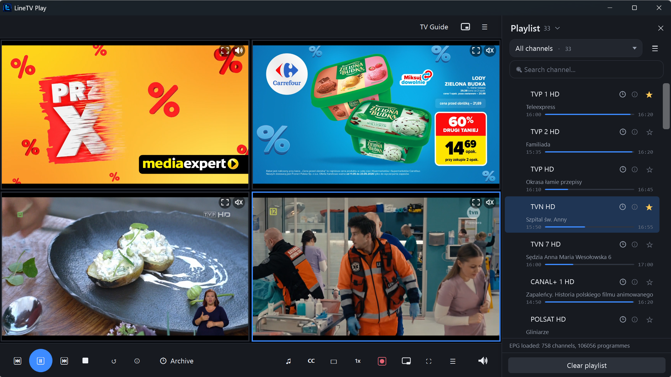 LineTV Play — Multi-screen with 4 channels playing simultaneously