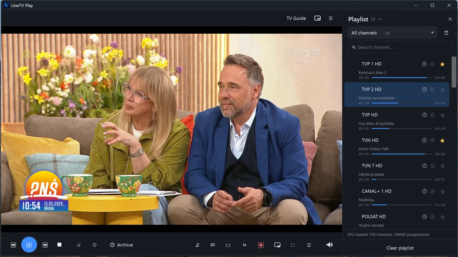 Live TV with playlist panel