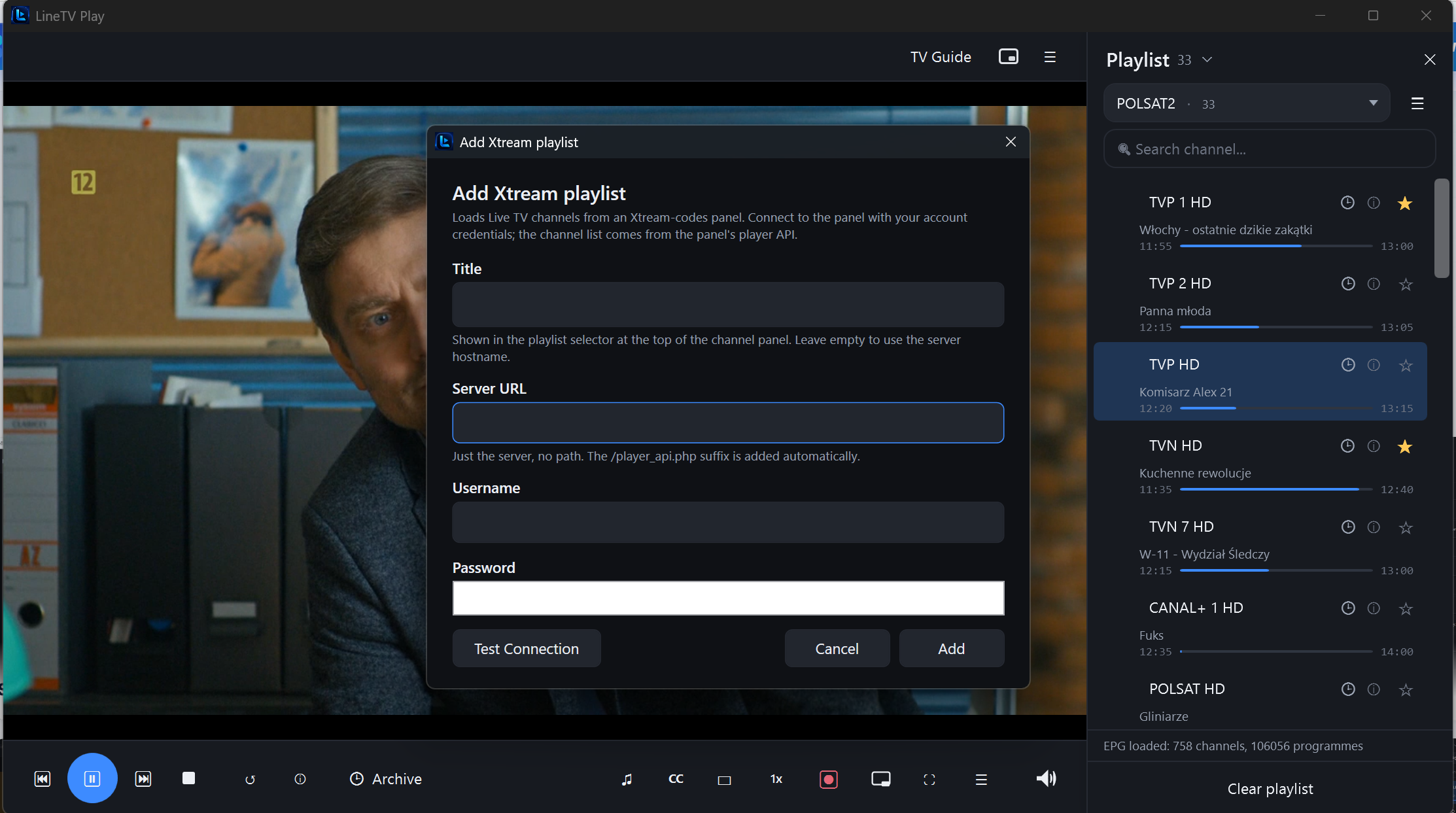 Add Xtream playlist dialog